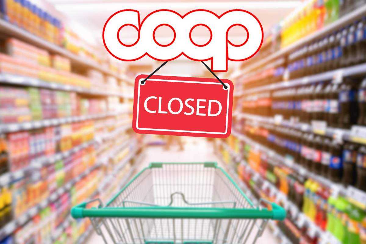 carrello nel supermercato, logo coop e simbolo chiusura