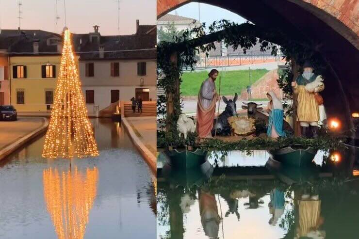Albero si riflette nell'acqua, presepe sotto ponte 