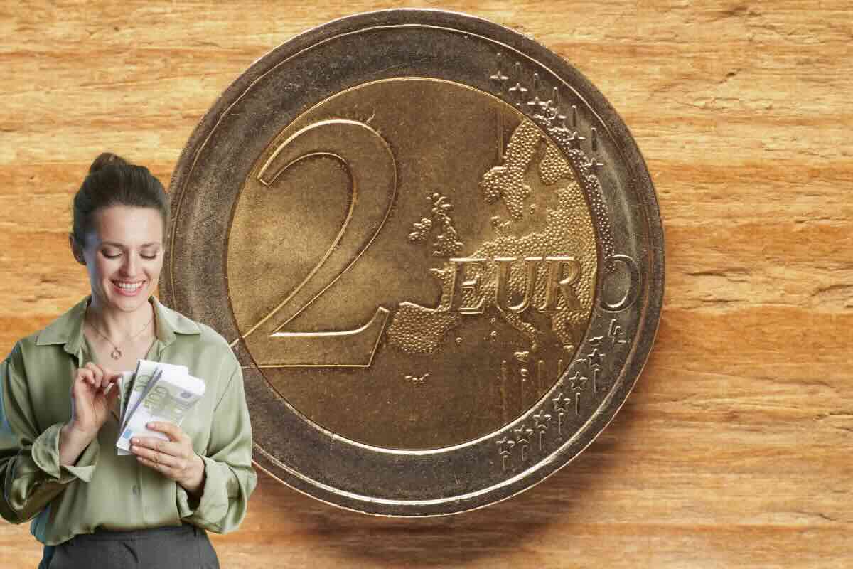 moneta da 2 euro e donna con banconote in euro in mano