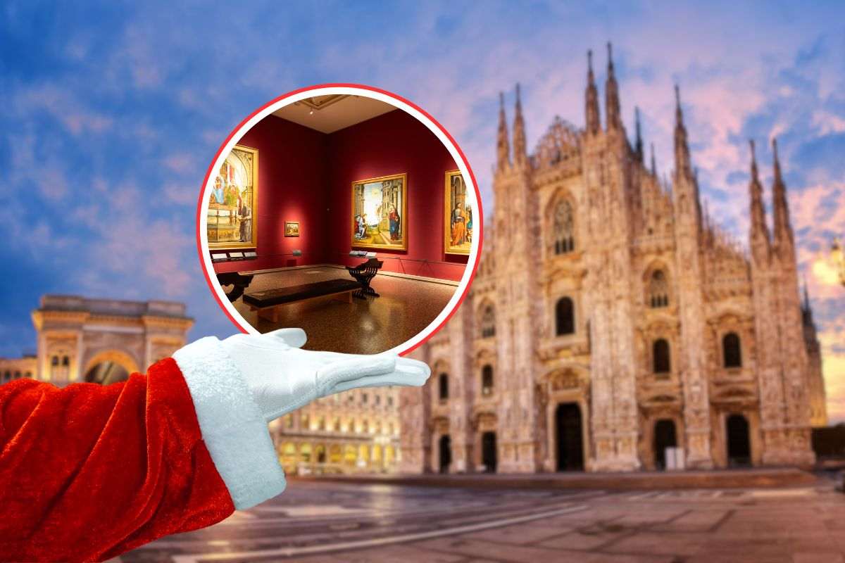 duomo di milano come sfondo e una mano di babbo natale che sorreggere un cerchio in cui c'è una mostra milanese