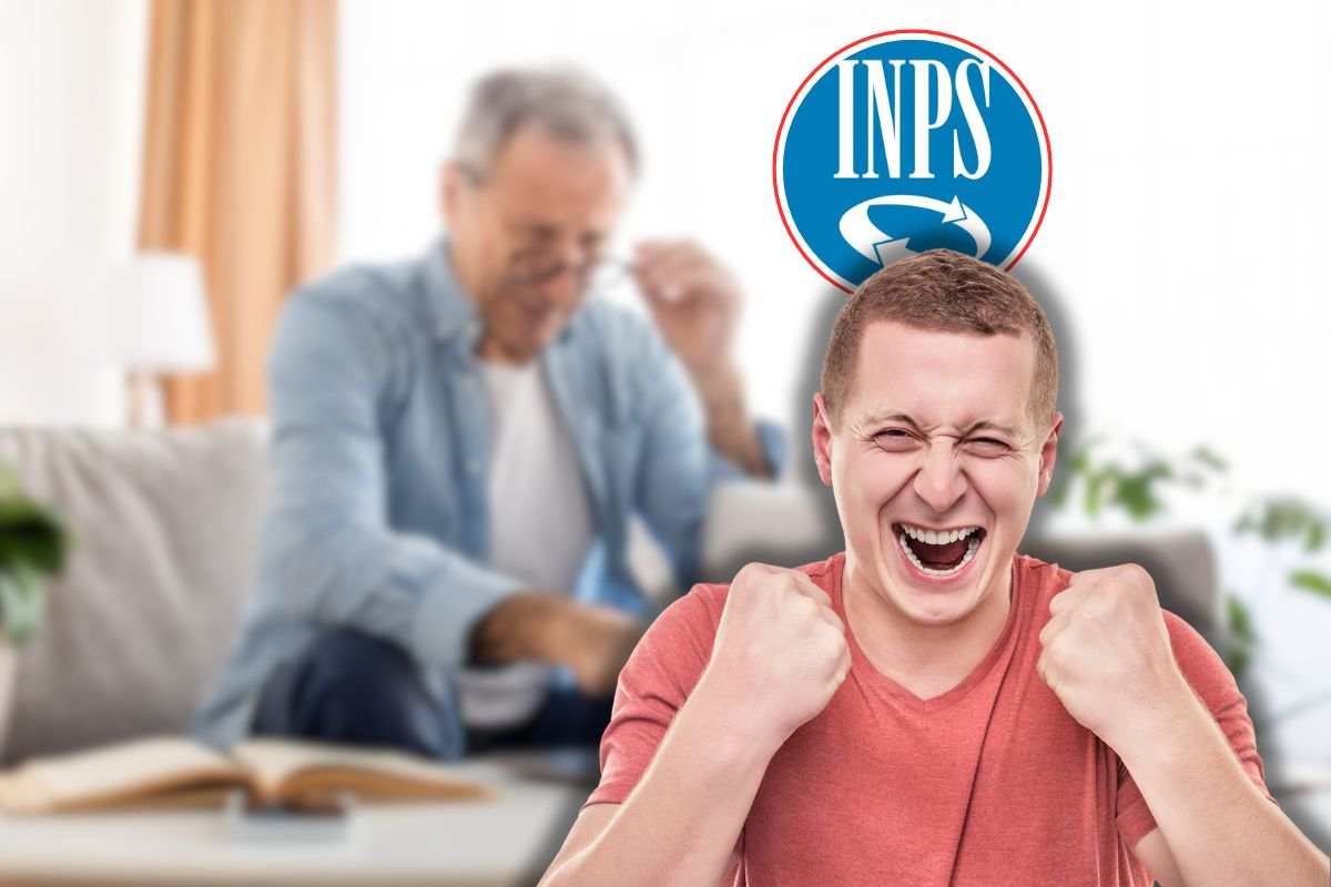 uomo al pc, logo inps in icona e uomo che esulta